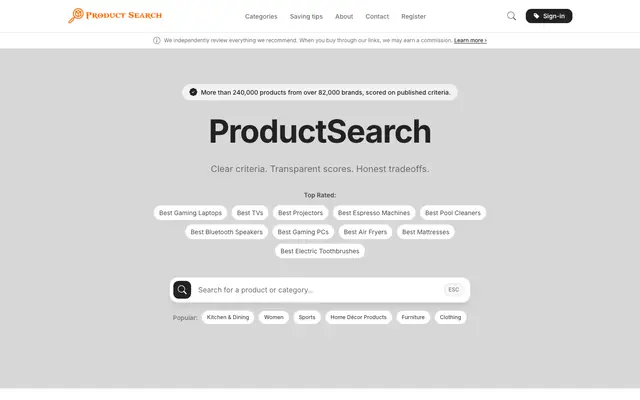 Ảnh chụp trang chủ productsearch.org: Website tìm kiếm và chấm điểm sản phẩm
